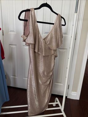 le chateau Metallic Rose Gold Ruffle Midi Dress